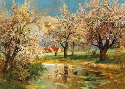 Hand-painted spring blossom orchard by the pond landscape oil painting on canvas