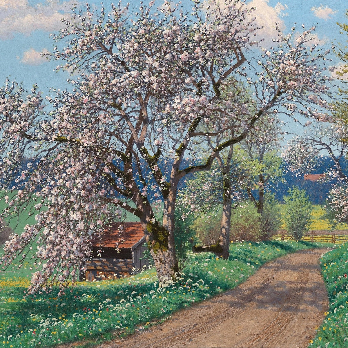 Landscape Oil Painting - spring blossom path flowering tree & cabin - Oil Painting Haven