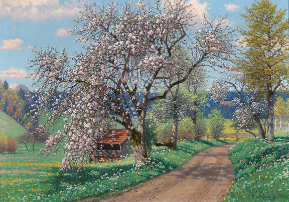 Landscape Oil Painting - spring blossom path flowering tree & cabin - Oil Painting Haven