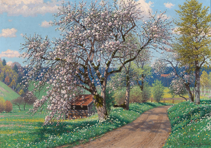 Landscape Oil Painting - spring blossom path flowering tree & cabin - Oil Painting Haven