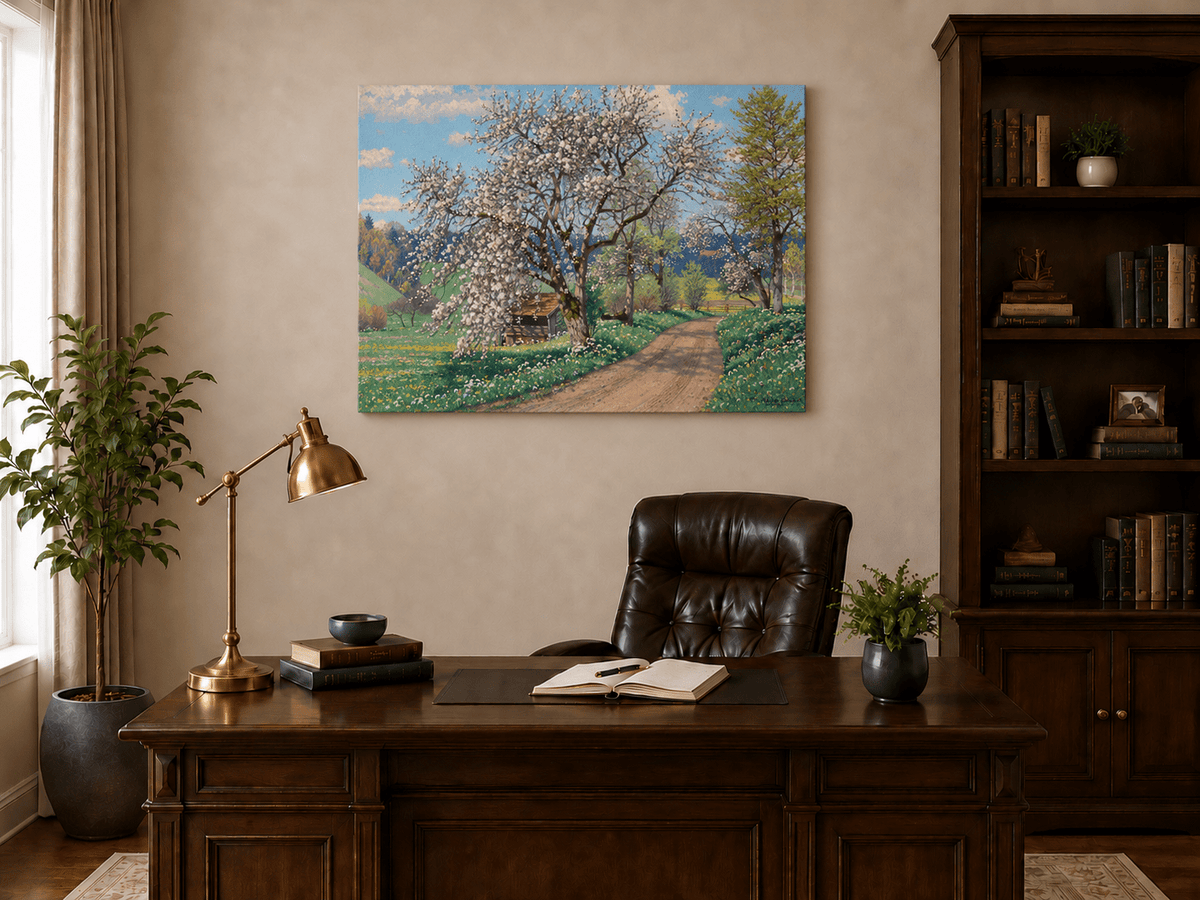 Landschaft Ölgemälde - Frühlingsblütenweg Blühender Baum &