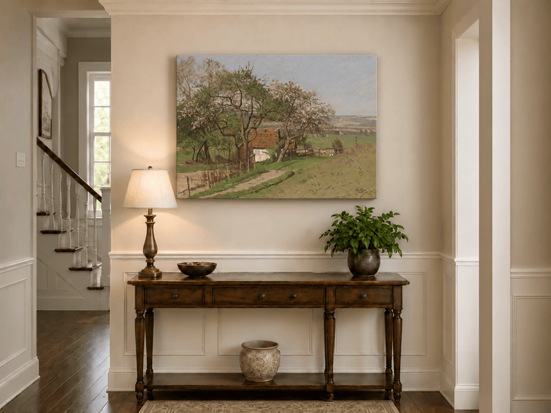 Pintura al óleo de paisaje - Paisaje de cabaña en primavera | Pintado a mano
