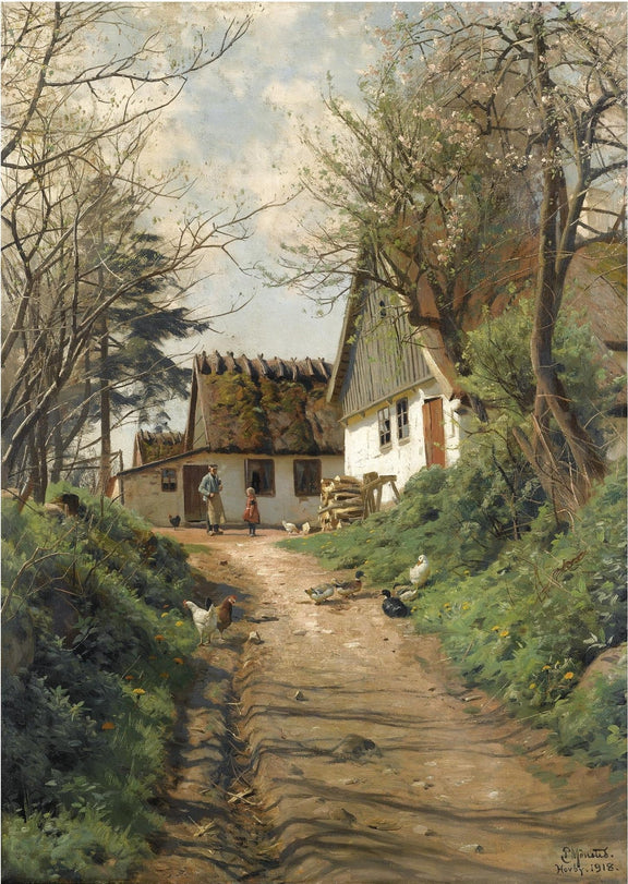 Landscape Oil Painting - Spring Cottage Path with Chickens - Oil Painting Haven