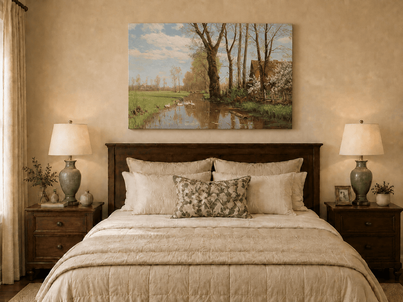 Peinture à l'huile de paysage - Canal de campagne printanier et cygnes, cottage