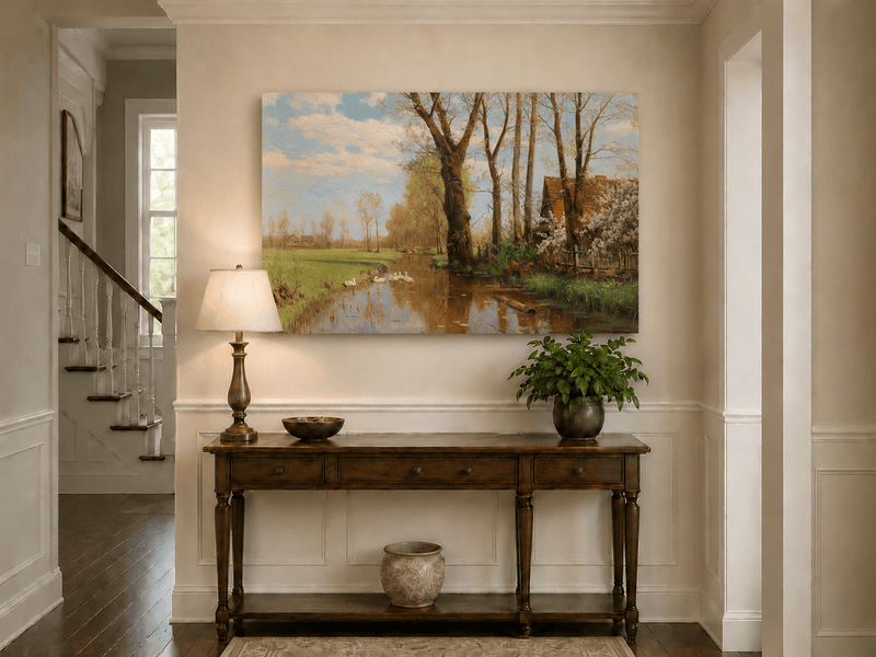 Peinture à l'huile de paysage - Canal de campagne printanier et cygnes, cottage