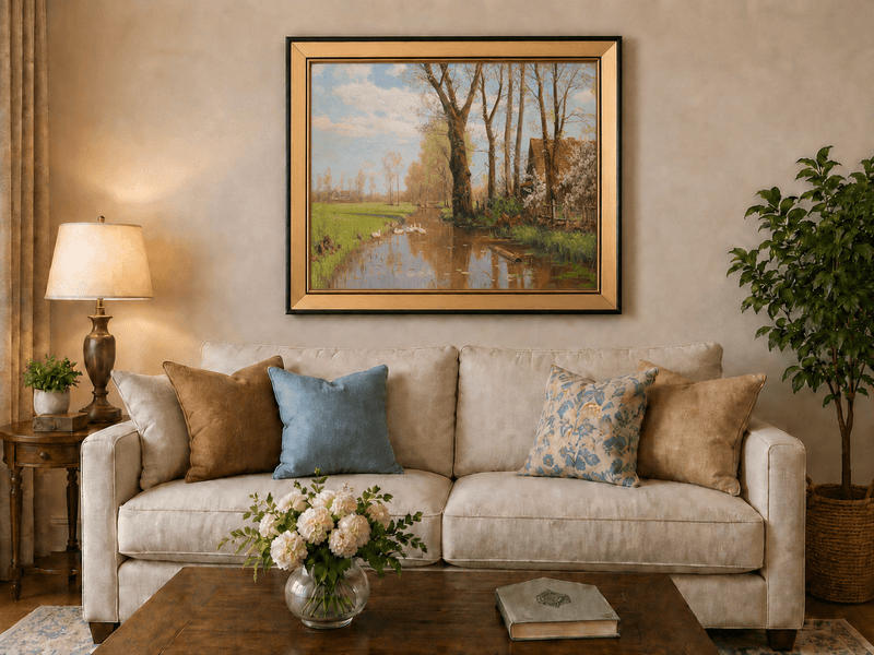 Peinture à l'huile de paysage - Canal de campagne printanier et cygnes, cottage