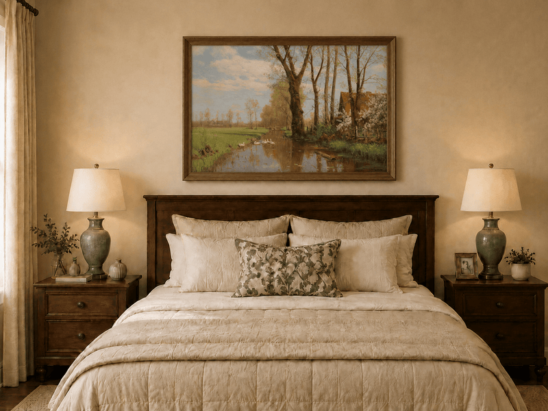 Peinture à l'huile de paysage - Canal de campagne printanier et cygnes, cottage