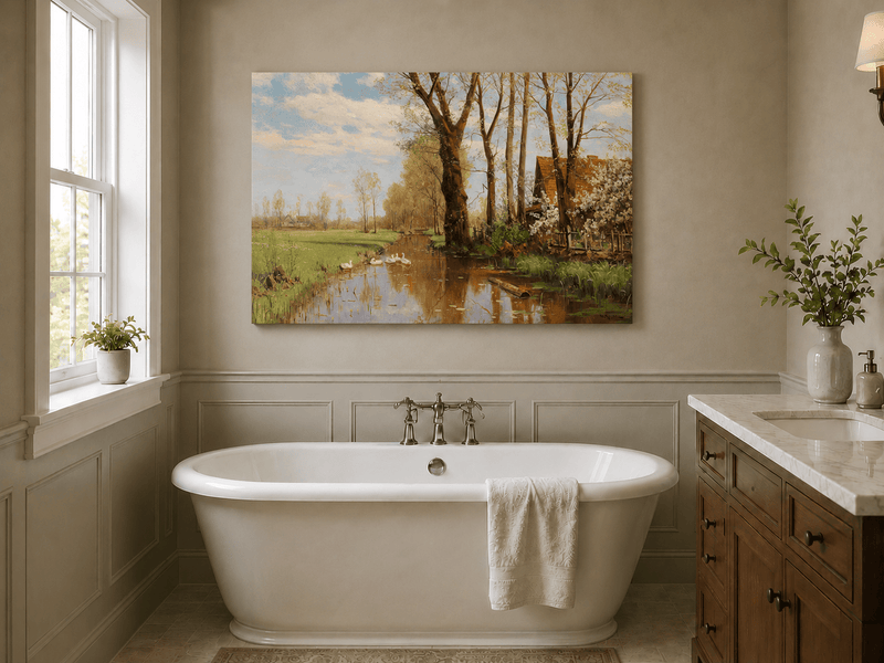 Peinture à l'huile de paysage - Canal de campagne printanier et cygnes, cottage