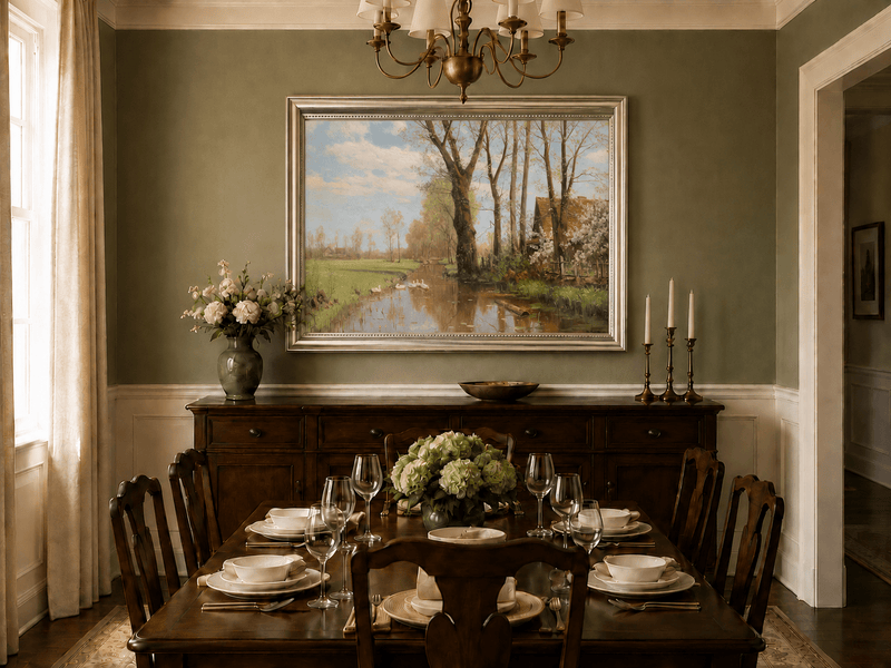 Peinture à l'huile de paysage - Canal de campagne printanier et cygnes, cottage