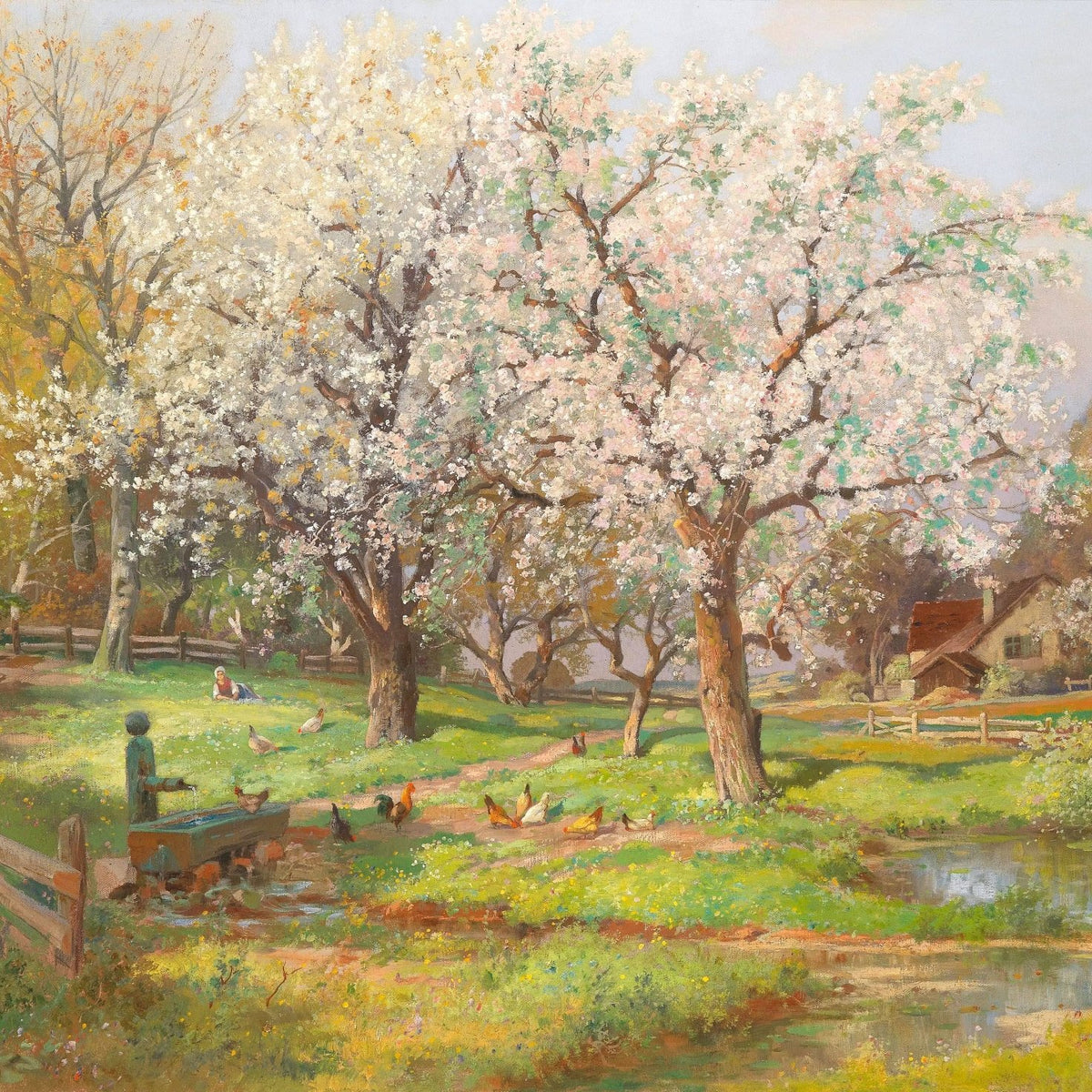 Hand painted landscape oil painting of spring farm blossoms with textured brushwork on canvas, featuring flowering trees,. - Add Frame, Canvas, Cottage, Country, Farm, Floral, Forest, Hand Painted, Landscape, Made To Order, Oil Painting