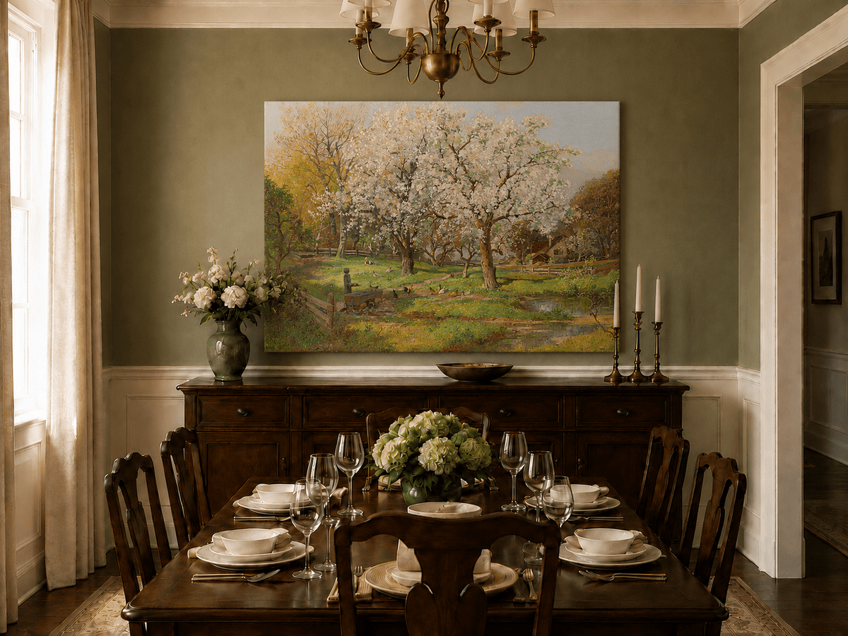 Landscape Oil Painting - Spring Farm Blossoms & Poultry