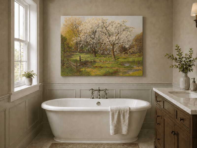Landscape Oil Painting - Spring Farm Blossoms & Poultry