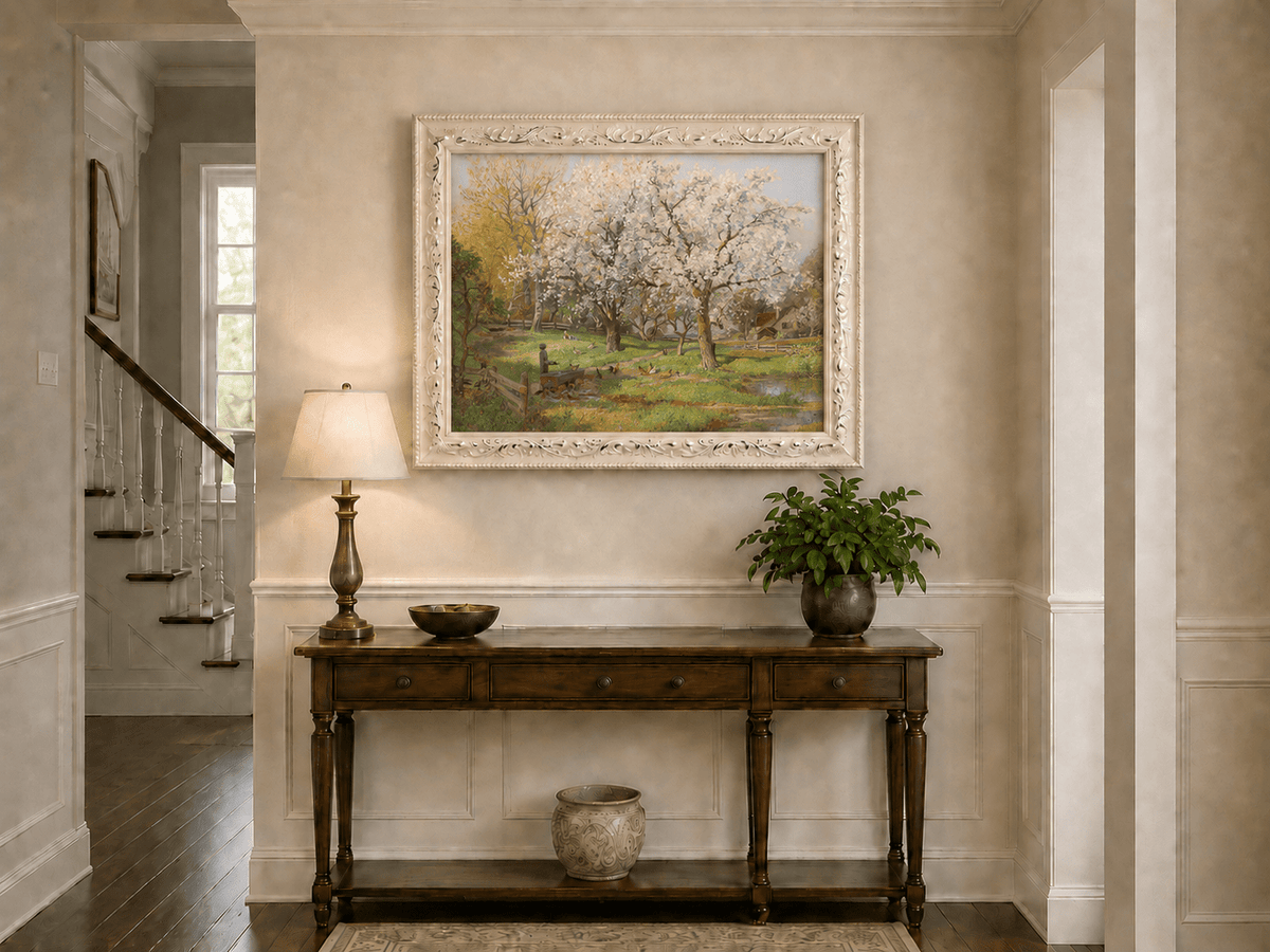 Landscape Oil Painting - Spring Farm Blossoms & Poultry