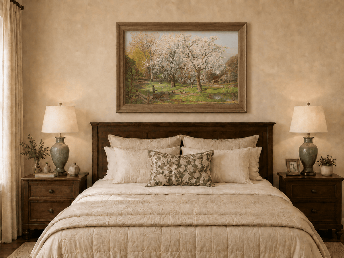 Landscape Oil Painting - Spring Farm Blossoms & Poultry