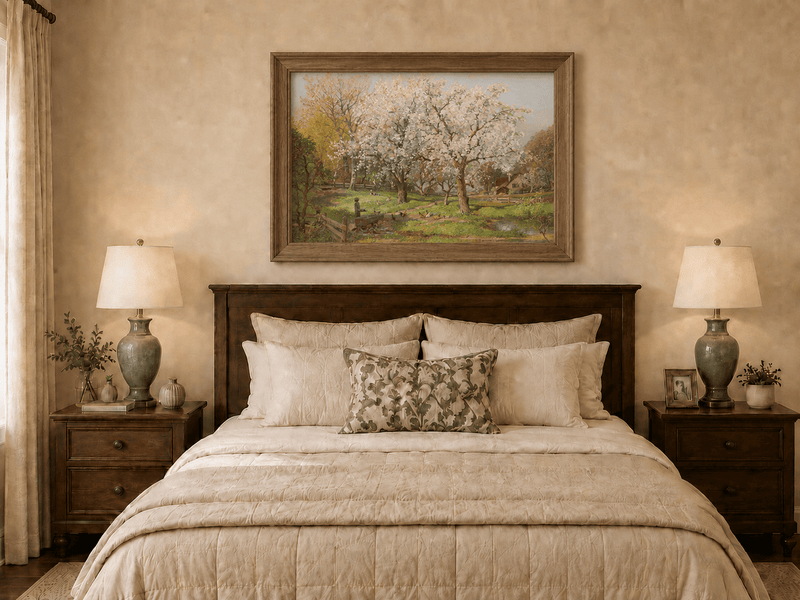 Landscape Oil Painting - Spring Farm Blossoms & Poultry