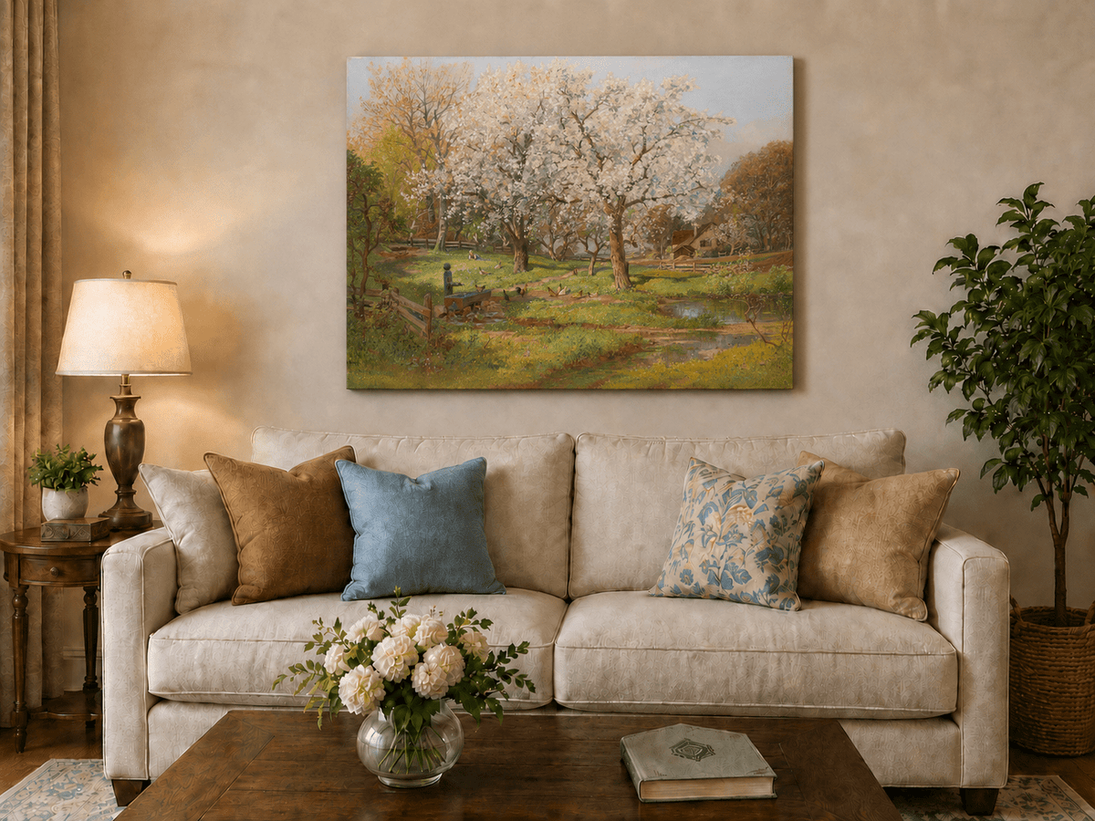 Landscape Oil Painting - Spring Farm Blossoms & Poultry