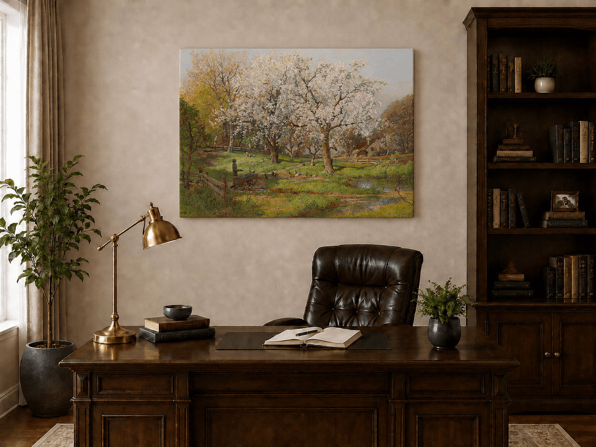 Landscape Oil Painting - Spring Farm Blossoms & Poultry