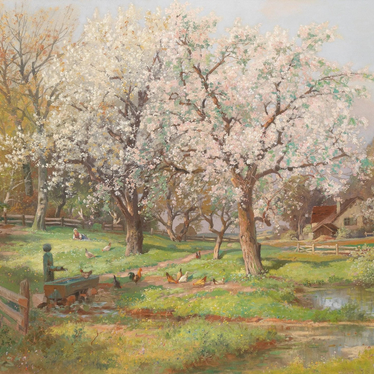 Landscape Oil Painting - Spring Farm Scene with Blossoms & Poultry Wall Art - Oil Painting Haven