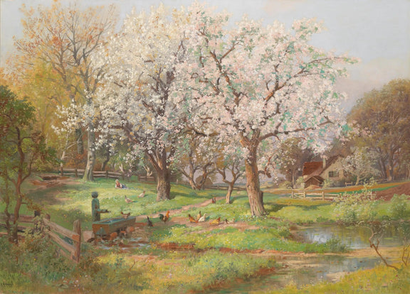 Landscape Oil Painting - Spring Farm Scene with Blossoms & Poultry Wall Art - Oil Painting Haven