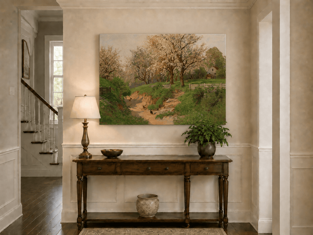 Landscape Oil Painting - Spring Farm with Blossoms & Poultry
