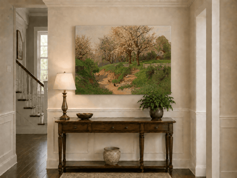 Landscape Oil Painting - Spring Farm with Blossoms & Poultry