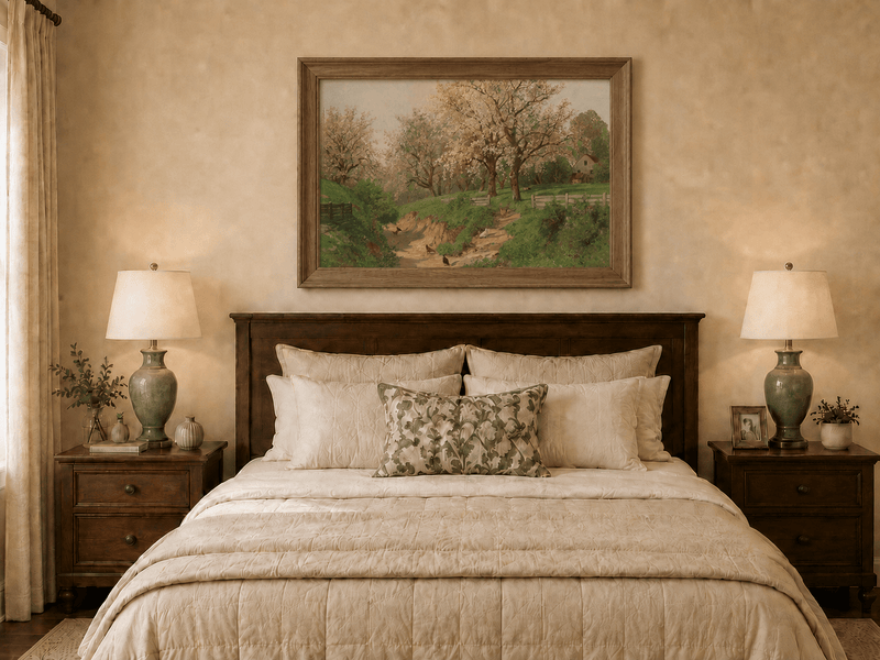 Landscape Oil Painting - Spring Farm with Blossoms & Poultry