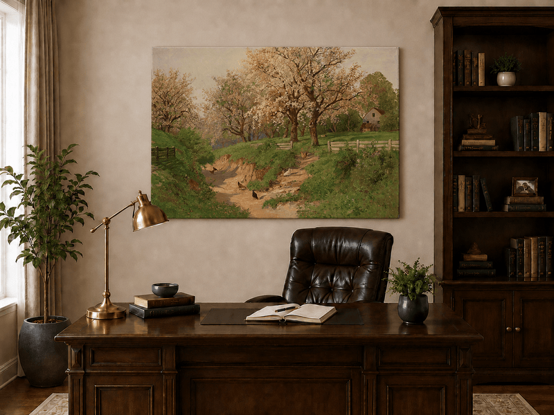 Landscape Oil Painting - Spring Farm with Blossoms & Poultry