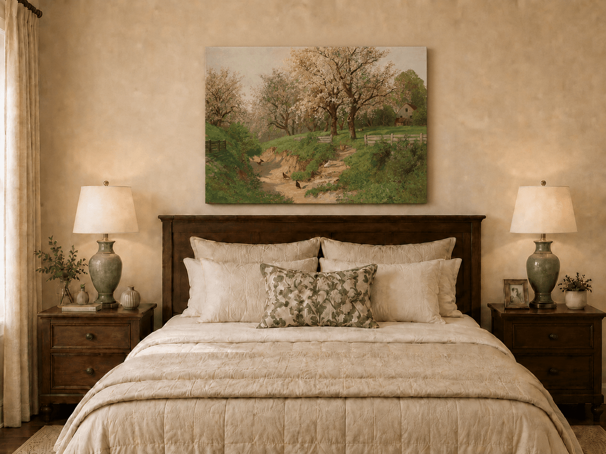Landscape Oil Painting - Spring Farm with Blossoms & Poultry