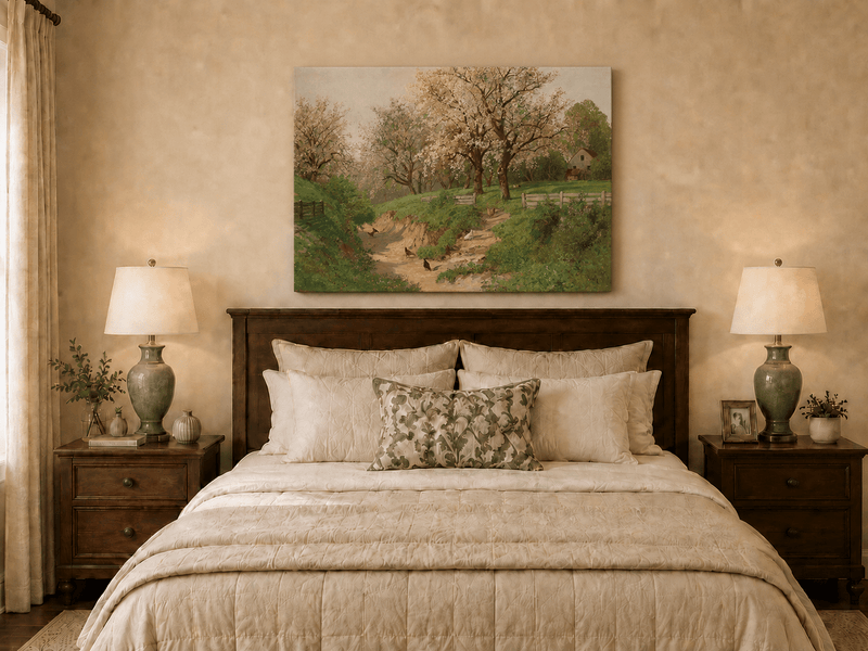 Landscape Oil Painting - Spring Farm with Blossoms & Poultry