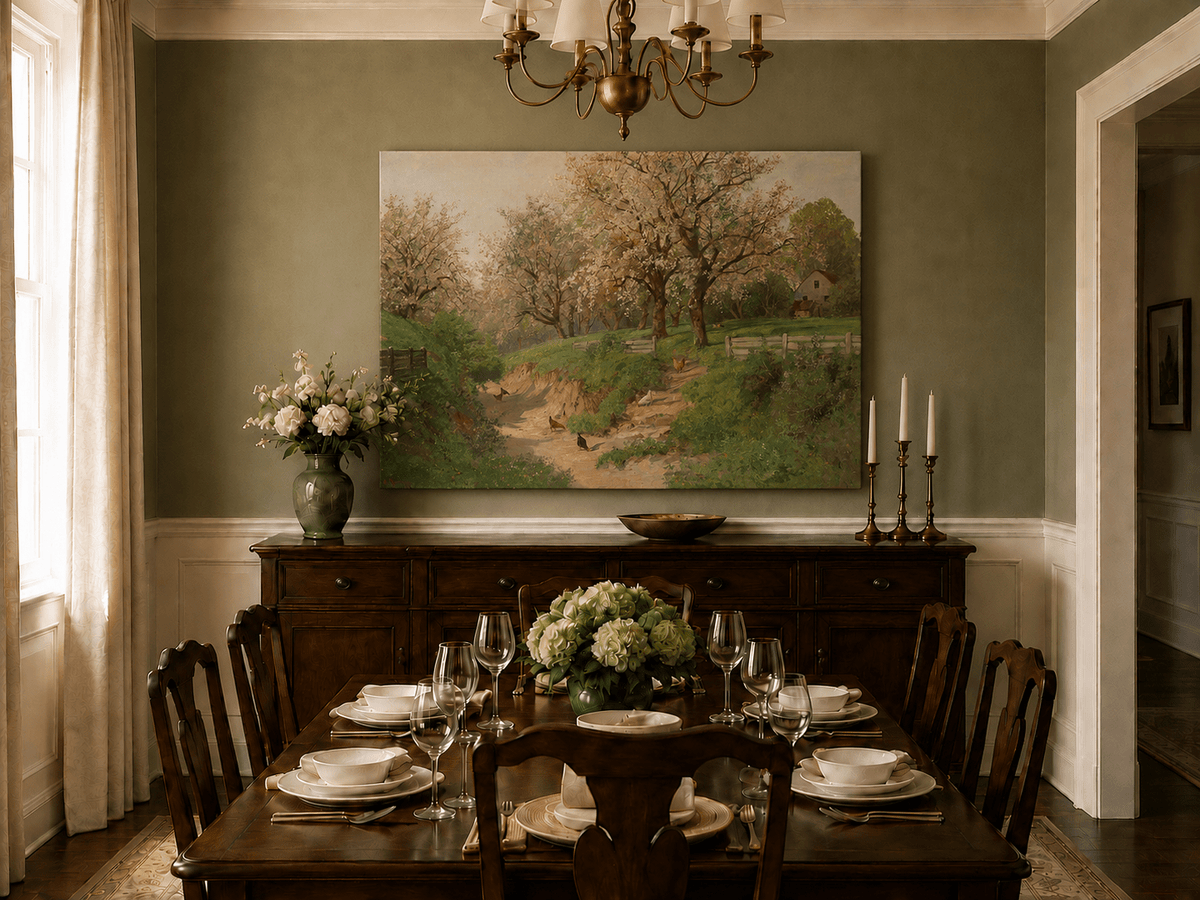 Landscape Oil Painting - Spring Farm with Blossoms & Poultry
