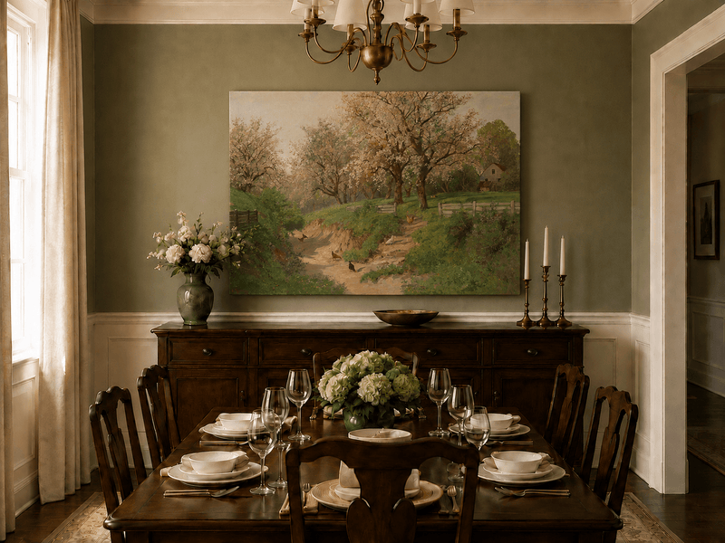Landscape Oil Painting - Spring Farm with Blossoms & Poultry