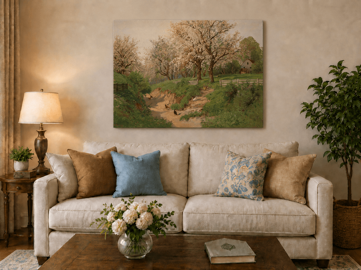 Landscape Oil Painting - Spring Farm with Blossoms & Poultry