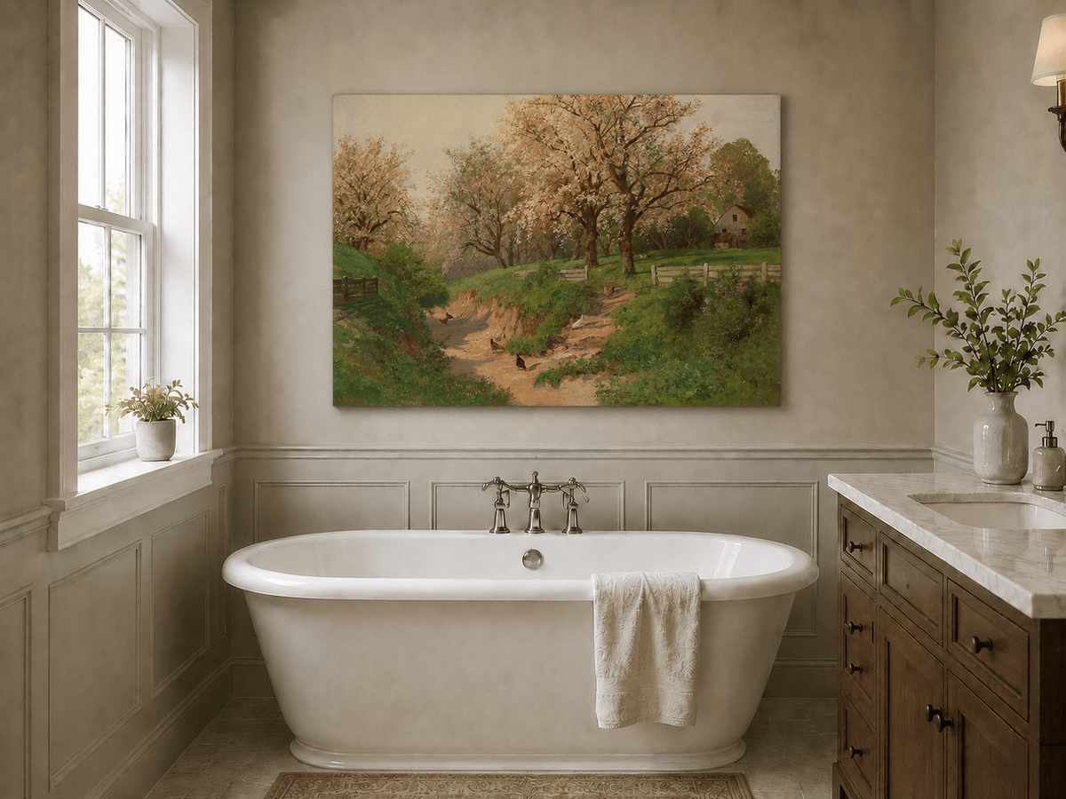 Landscape Oil Painting - Spring Farm with Blossoms & Poultry