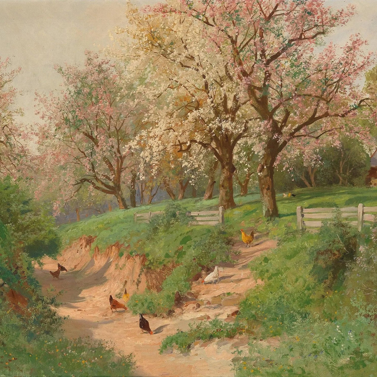 Landscape Oil Painting - Spring Farm with Blossoms & Poultry - Oil Painting Haven
