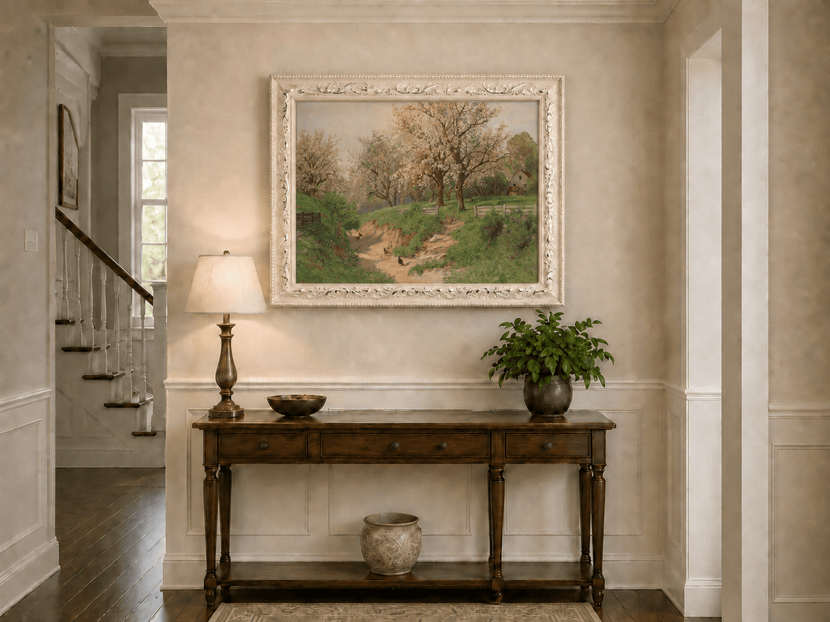 Landscape Oil Painting - Spring Farm with Blossoms & Poultry