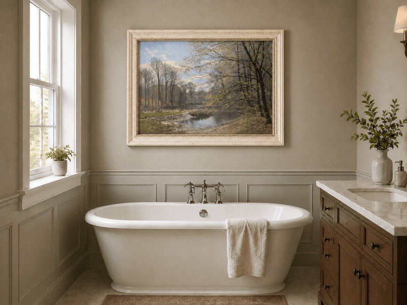 Landscape Oil Painting - Spring Forest Stream with Fresh Leaves