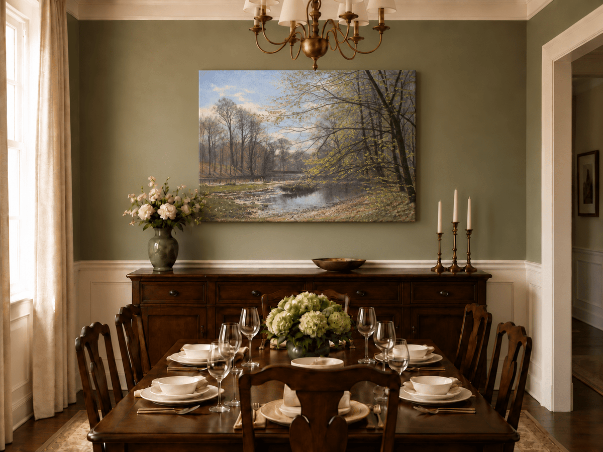 Landscape Oil Painting - Spring Forest Stream with Fresh Leaves