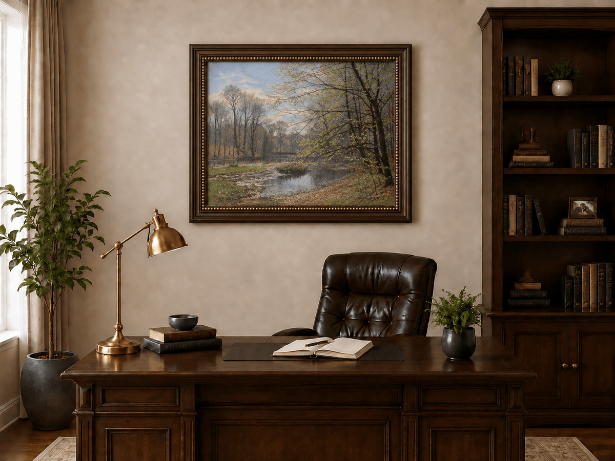 Landscape Oil Painting - Spring Forest Stream with Fresh Leaves