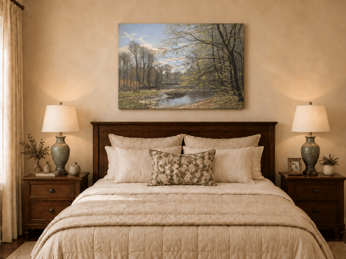 Landscape Oil Painting - Spring Forest Stream with Fresh Leaves