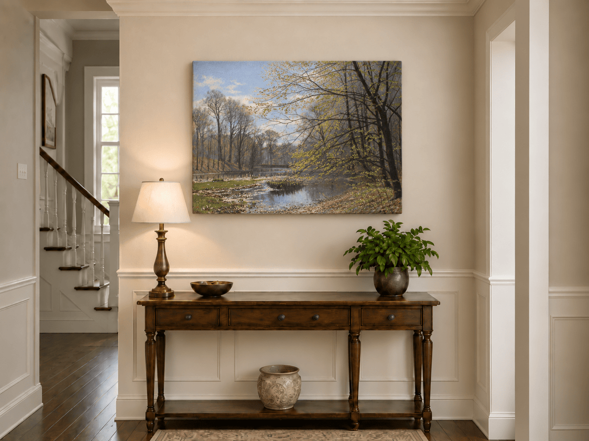Landscape Oil Painting - Spring Forest Stream with Fresh Leaves