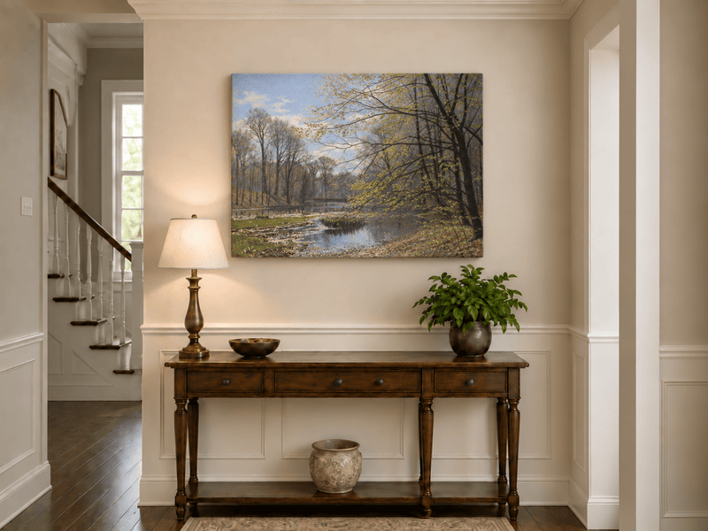 Landscape Oil Painting - Spring Forest Stream with Fresh Leaves