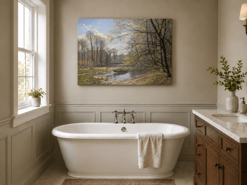 Landscape Oil Painting - Spring Forest Stream with Fresh Leaves