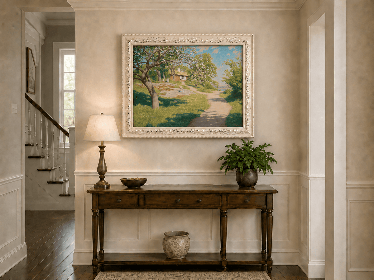 Landscape Oil Painting - Spring Garden Path Blossoming Trees
