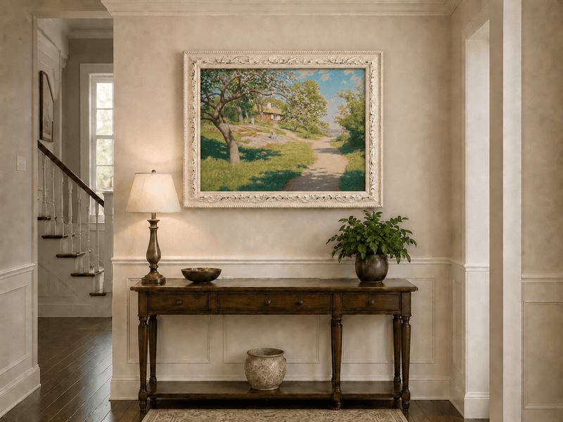 Landscape Oil Painting - Spring Garden Path Blossoming Trees