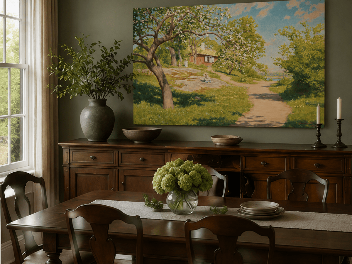 Landscape Oil Painting - Spring Garden Path Blossoming Trees