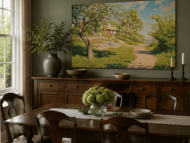 Landscape Oil Painting - Spring Garden Path Blossoming Trees
