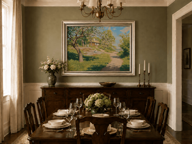 Landscape Oil Painting - Spring Garden Path Blossoming Trees