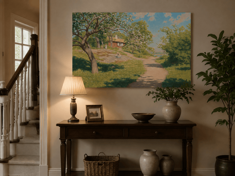 Landscape Oil Painting - Spring Garden Path Blossoming Trees