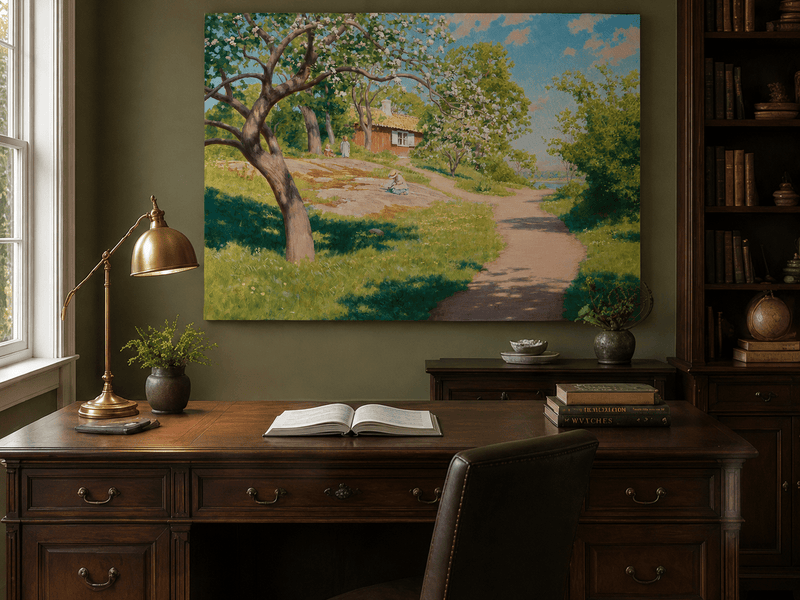 Landscape Oil Painting - Spring Garden Path Blossoming Trees