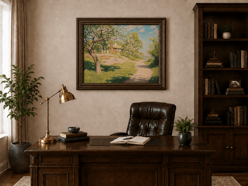 Landscape Oil Painting - Spring Garden Path Blossoming Trees